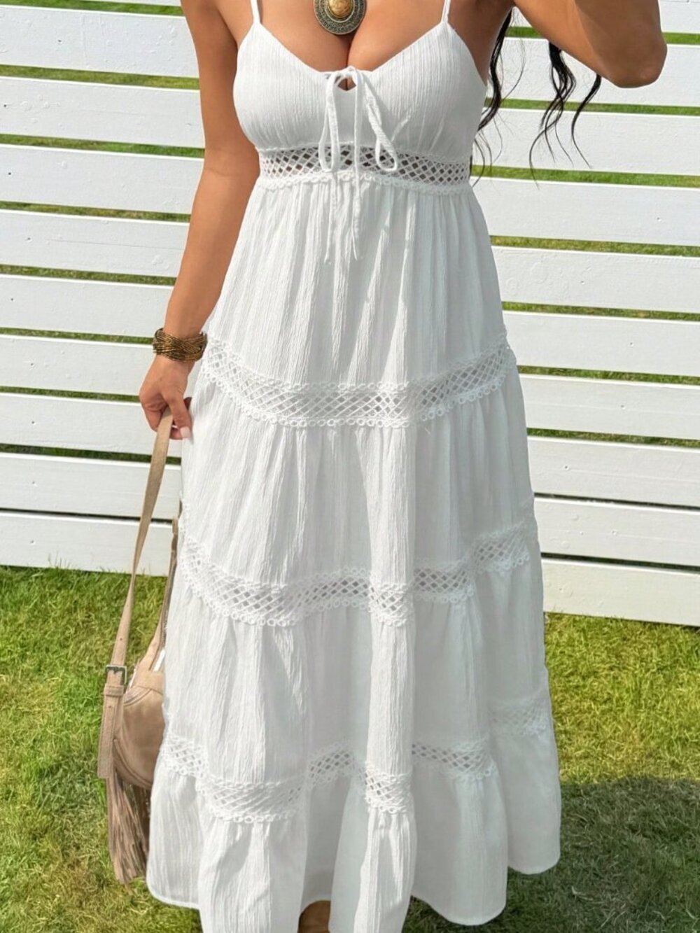 White Casual Women's Music Festival Dress Woven Spaghetti Strap Vacation Dress - Picture 3 of 8